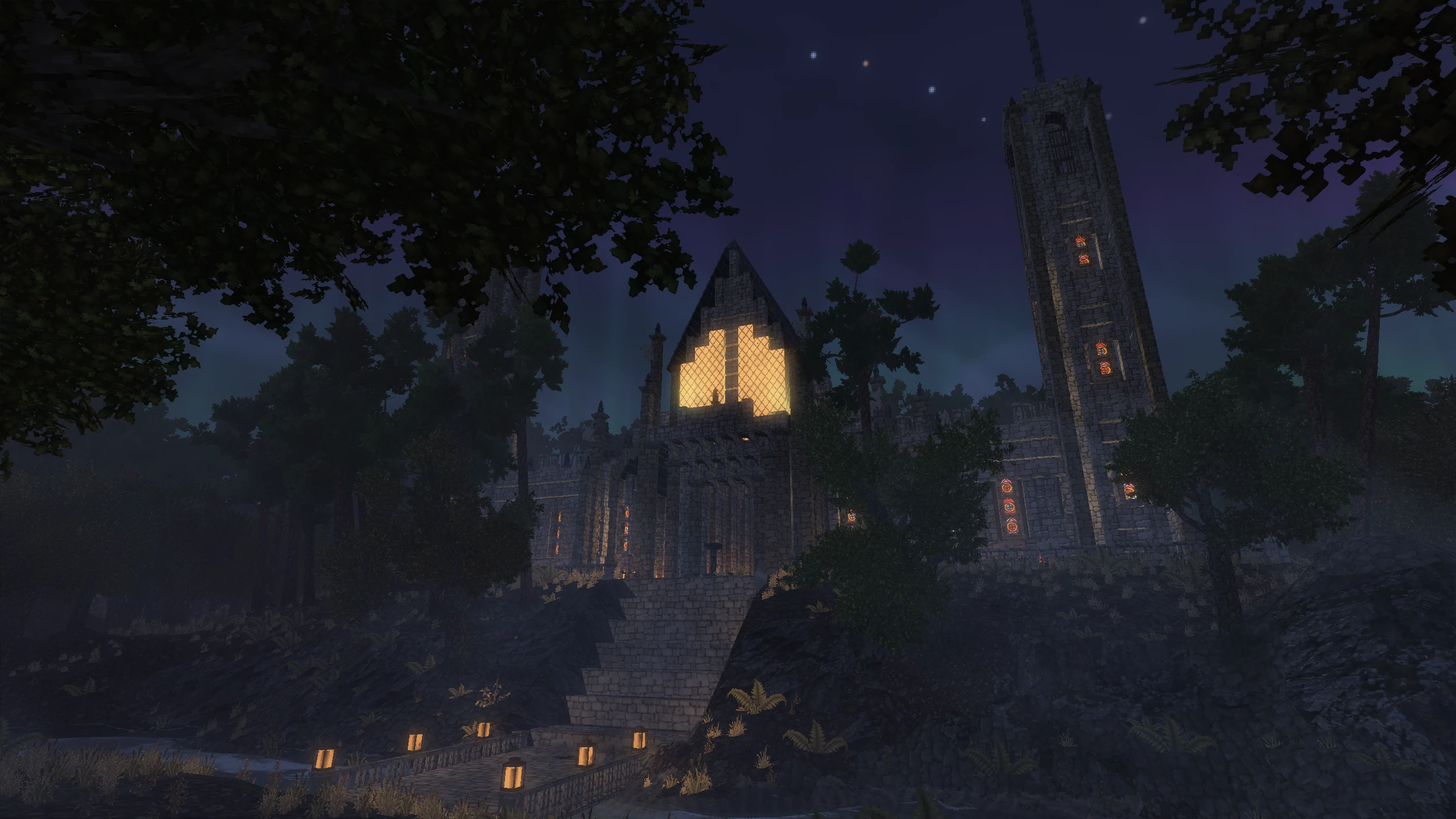 The cathedral on the hill behind Vessel’s sign-in screen, at night under green and violet light